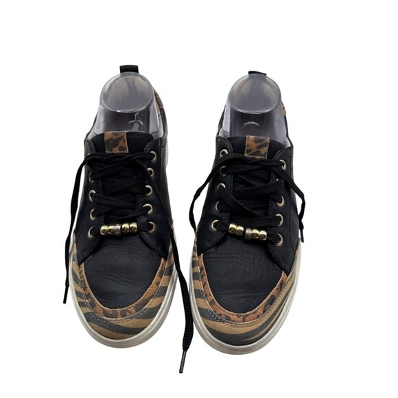 Naturalizer 8.5 Leopard Zebra Print Black Leather Sneaker Black Beige Shoes - Picture 2 of 15